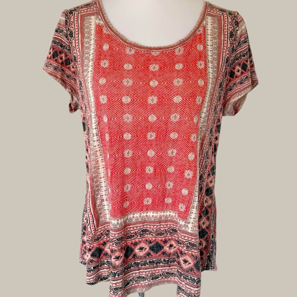 Lucky Brand Shirt Size Large Coral Orange Persian Carpet Tee Boho Graphic Top L